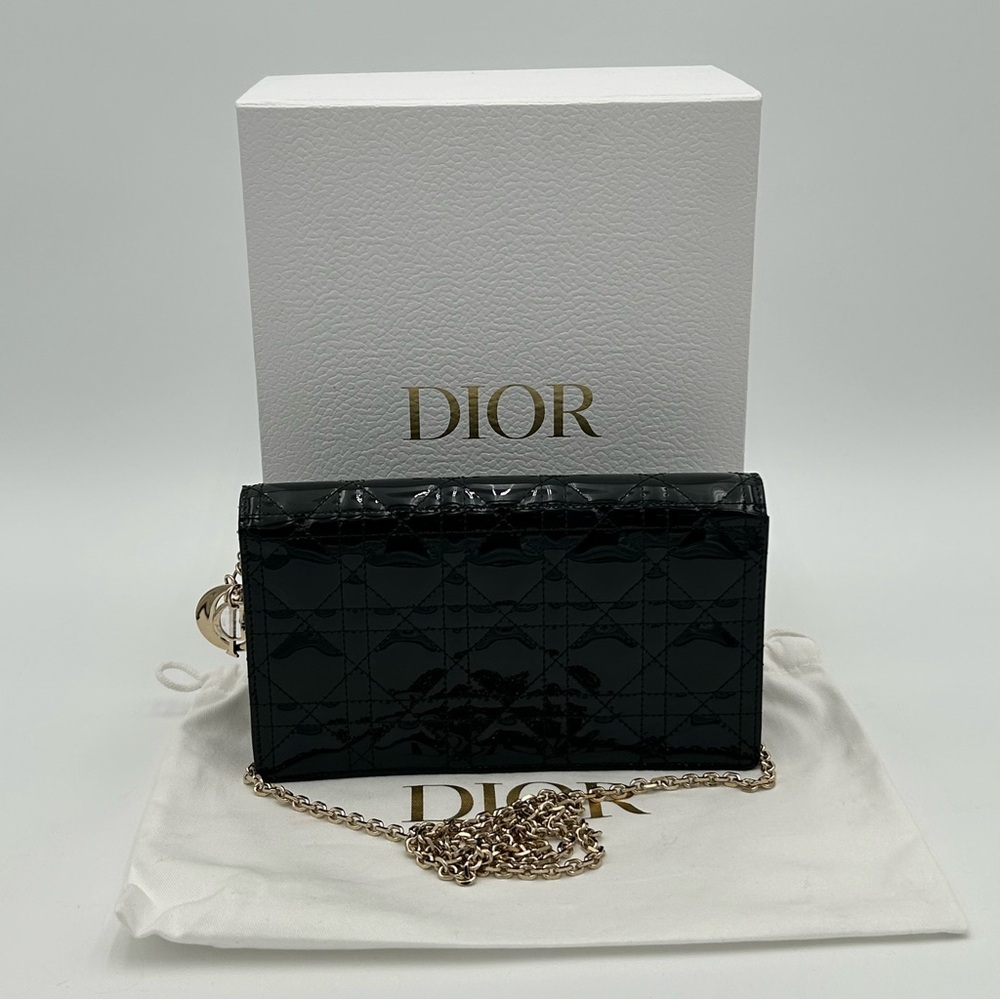 Dior Glossy Black Clutch Crossbody with Gold Chain